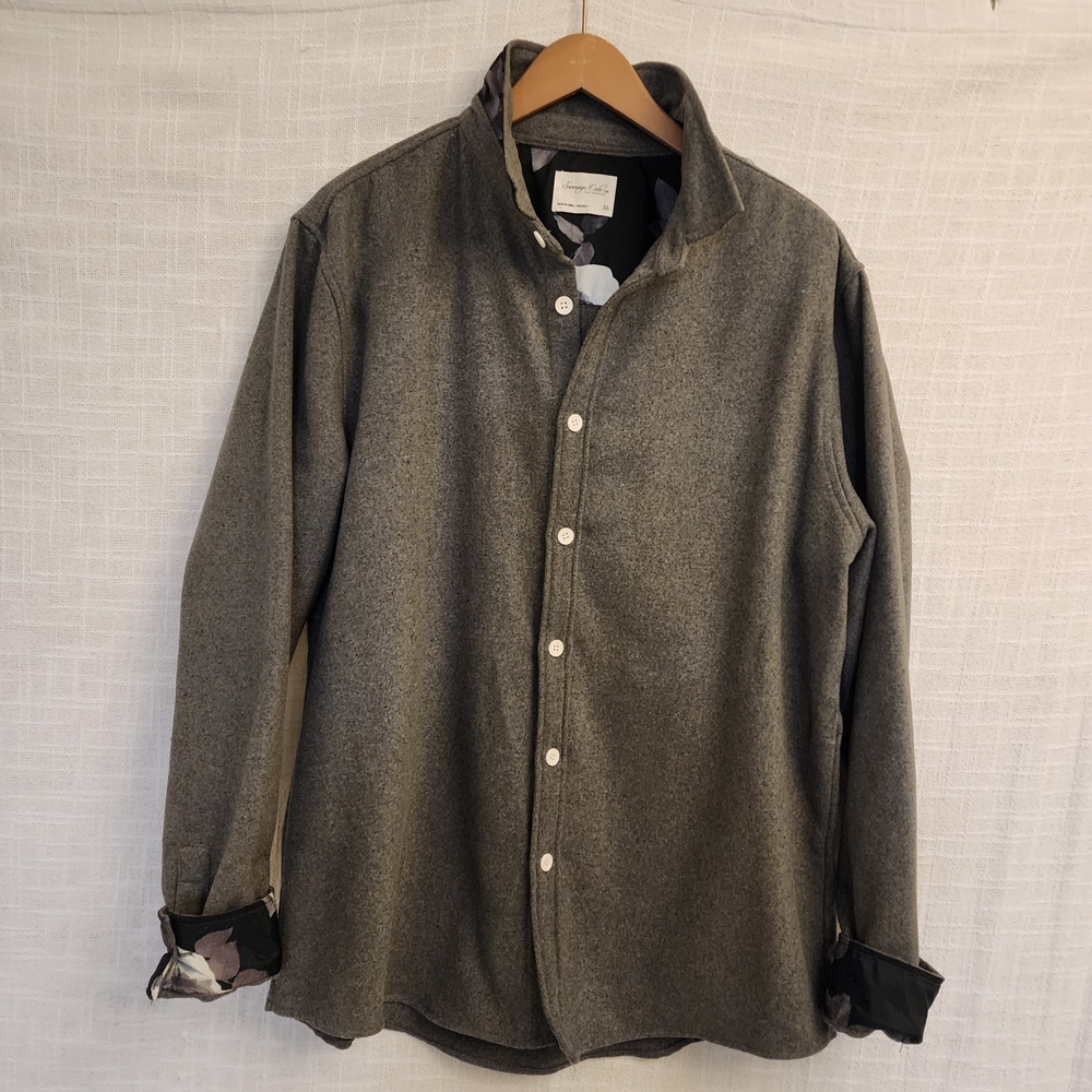 Sovereign Code M XL  Heather Gray Shirt Coat W/ Contrast Cuffs & Collar A408